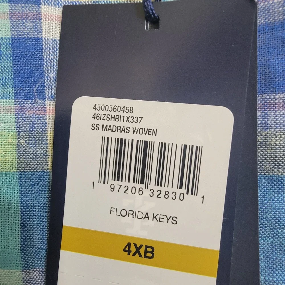 NEW Izod Mens 4XB Madras Woven Florida Key S/S Button Down Multi Plaid Linen Ble